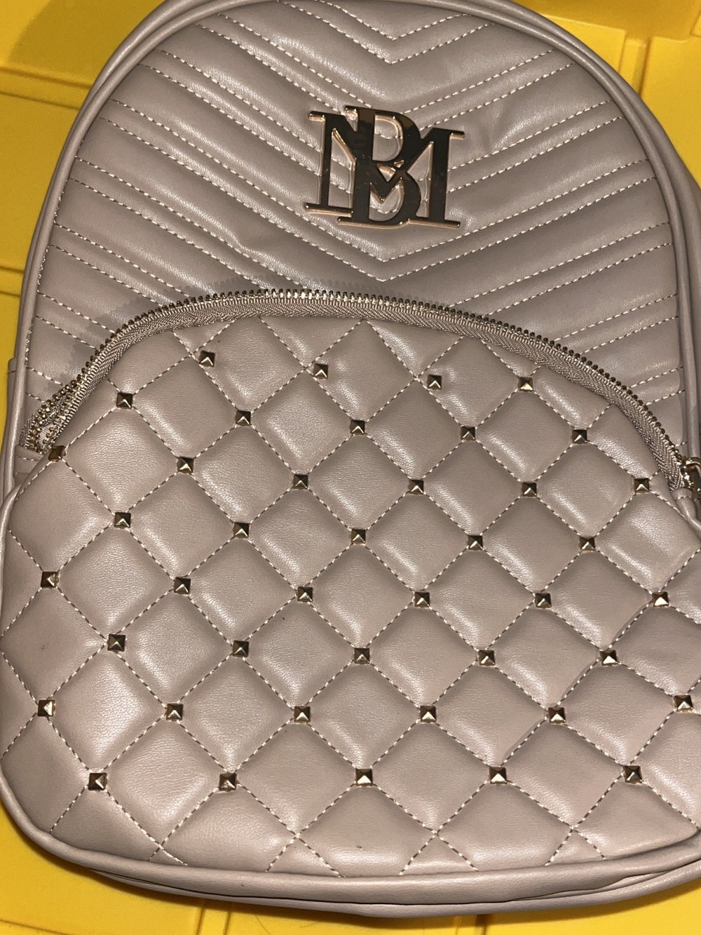 Quilted Stud Accent Metallic Beig Backpack - Unbranded